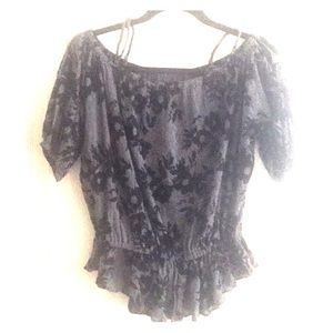 Grey gauze top with black floral print